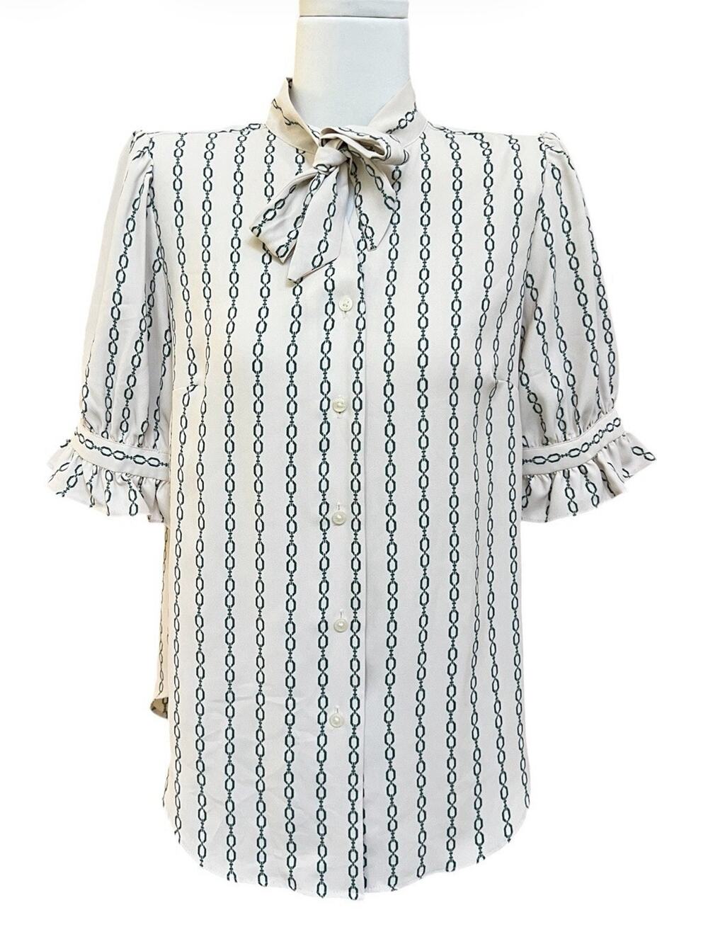 Ann Taylor Chain Link Neck Tie Button Down Shirt Sz XS Puff Slv Ruffle Victorian